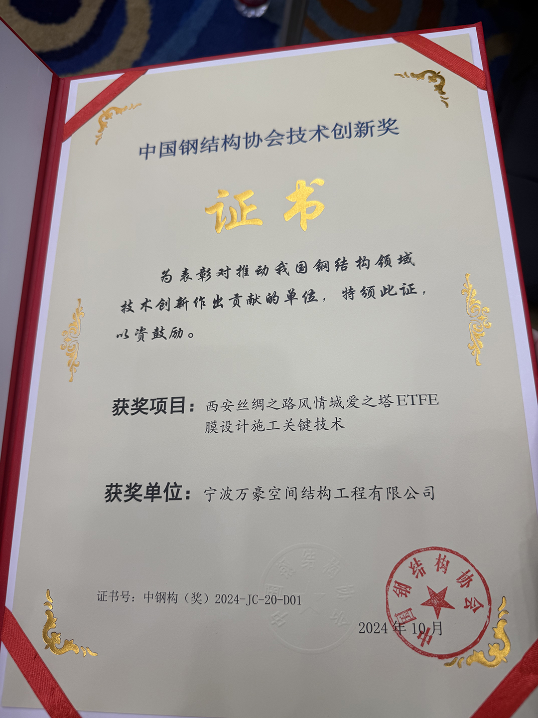 喜報！恭喜萬豪空間結構榮獲中國鋼結構協(xié)會2024年度技術創(chuàng)新獎